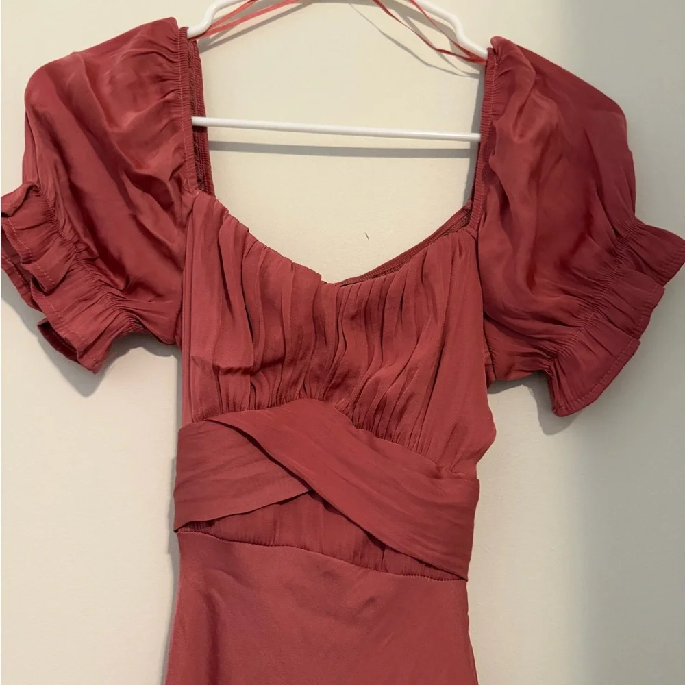 Trixxi Dusty Rose Silk Maxi Dress XS Puff Sleeve Elegant Formal